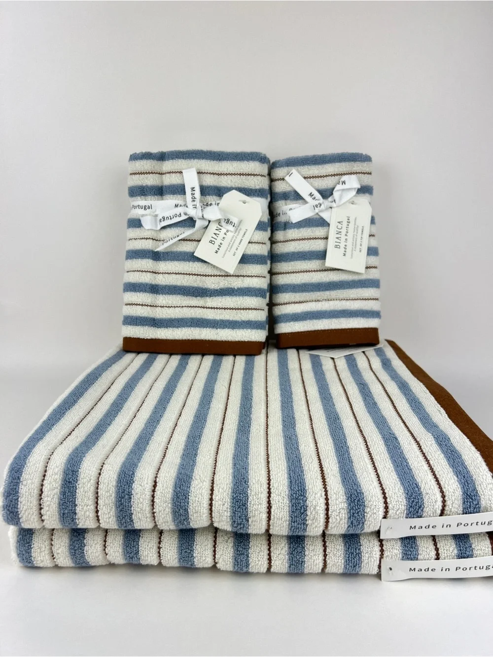 Bianca Bath Towel Set Blue Cream Brown Striped Soft Cotton Portugal 6 Pc NEW